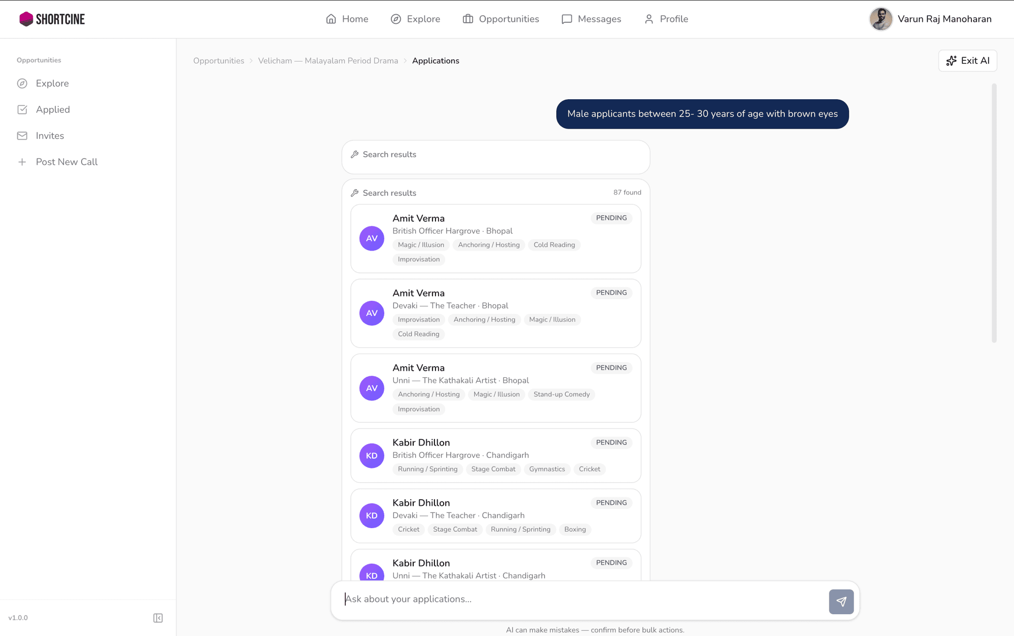 AI casting assistant answering a query over the applicant pool