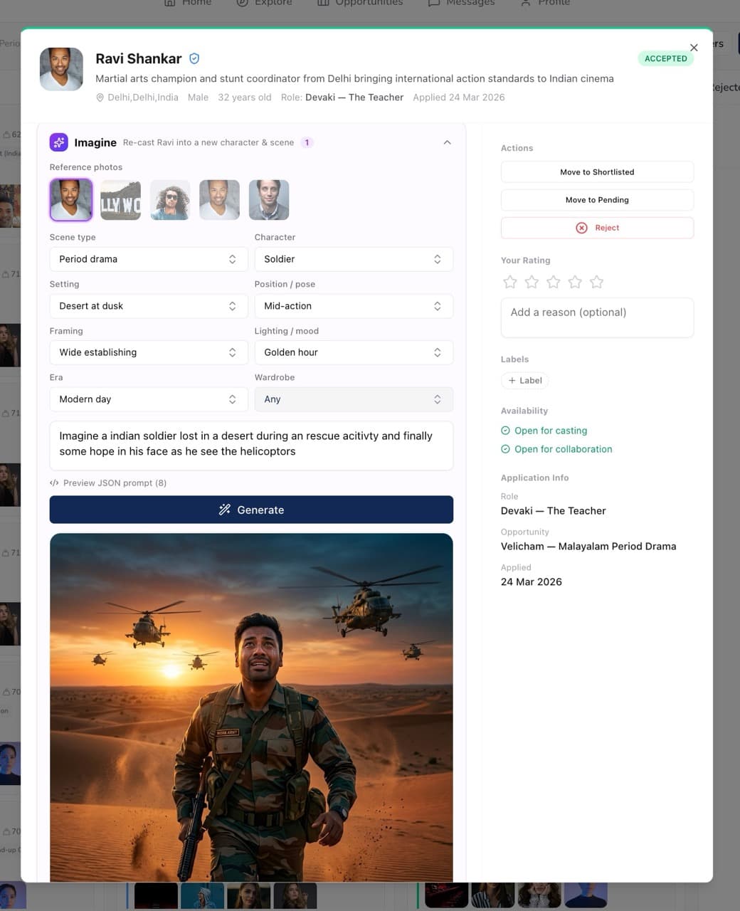 VeshamAI re-rendering an applicant into a soldier in a desert scene